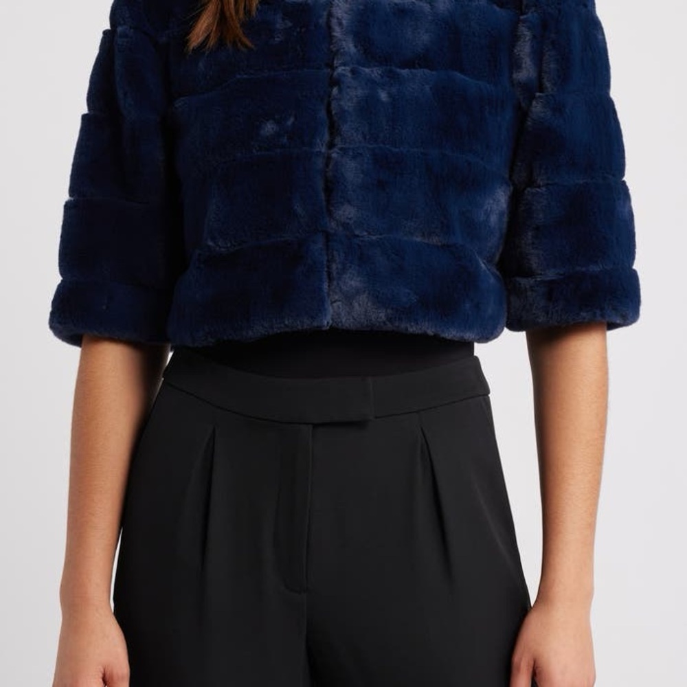 Eliza J Elegant deep navy Faux Fur three hidden hooks for seamless formal look.